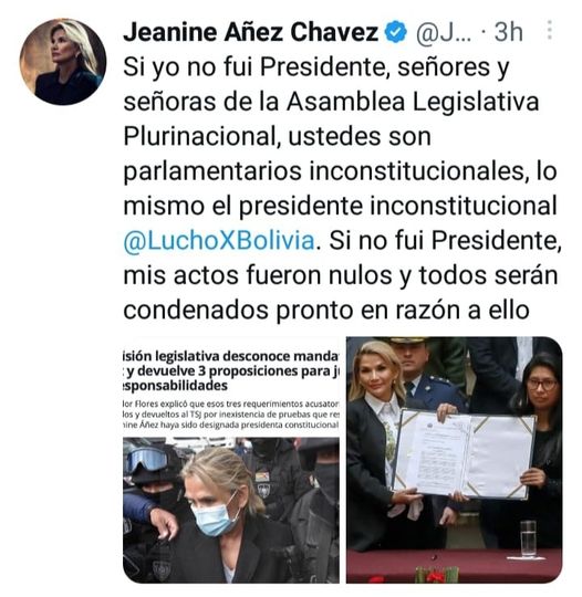 Añez le dice a Luis Arce y a parlamentarios que desconocen que fue