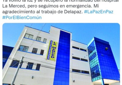 El alcade @ivanariasduran informa que volvió la luz al hospital La Merced. La…