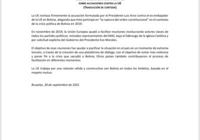 La Unión Europea (UE) expresa su rechazo a las acusaciones del presidente @LuchoXBolivia…