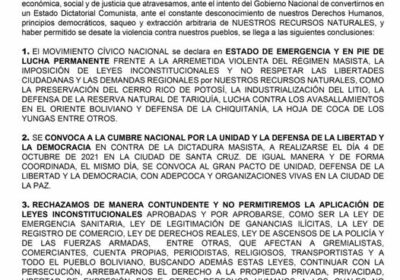 Cívicos a nivel nacional se declaran en emergencia y anuncian movilizaciones