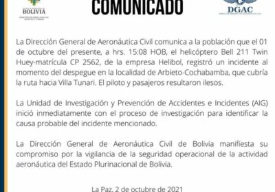 DGAC anuncia investigación del percance que sufrió helicóptero que transportaba