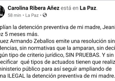 Carolina Ribera, hija de la expresidenta Jeanine Áñez, denunció que el juez Armando…