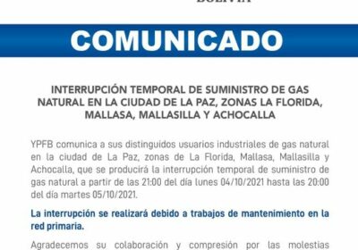 YPFB informa corte de suministro de gas natural en 4 zonas de La Paz