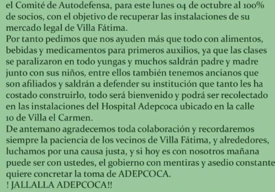 @ADEPCOCA solicitó a la población la colaboración con alimentos y medicamentos para los…