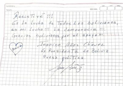 Jeanine Añez agradece por el apoyo, «¡Resistiré!», afirma en una carta