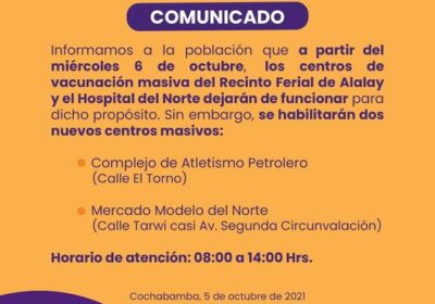 Alcaldía de Cochabamba informa sobre traslado de puntos de vacunación anticovid