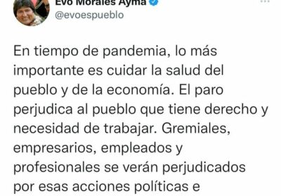 Evo dice que el paro perjudica al pueblo y que son acciones “políticas e irrespo