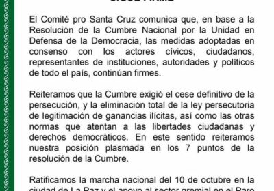 Comité Cívico Pro Santa Cruz ratifica marcha en La Paz para el 10 y paro naciona