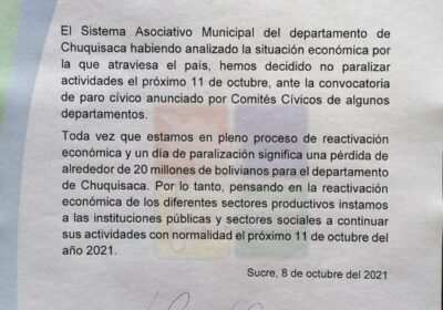 Asociación de Gobiernos Municipales de Chuquisaca no acatará paro este lunes