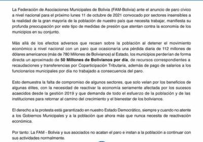 FAM considera que el paro atenta contra la economía de los municipios