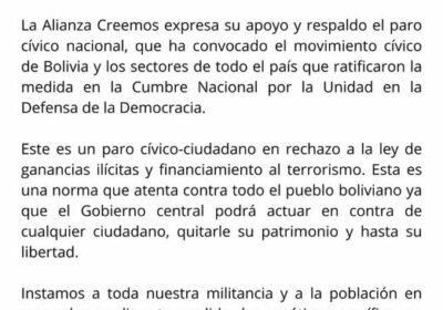 Creemos respalda el paro cívico y convoca a la población a sumarse