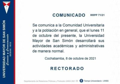 UMSS informa que las clases serán normales este lunes, pese al paro cívico