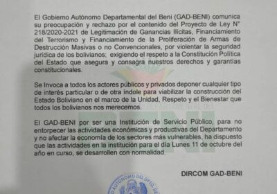 Gobernación del Beni dispone actividades normales el lunes 11 de Octubre