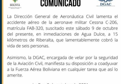DGAC lamenta accidente de la FAB y manifiesta su disposición para coadyuvar en i