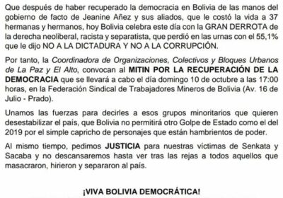 La Coordinadora de Organizaciones, de La Paz y El Alto, convocan al «Mitin por l