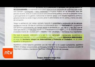 Renuncia irrevocable del Secretario de Gobernabilidad de la Alcaldía| Cochabamba| Notivisión