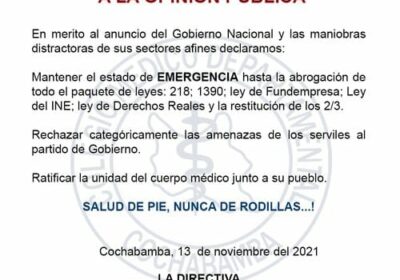 Cochabamba: Colegio Médico en emergencia hasta abrogación de «paquete de leyes»