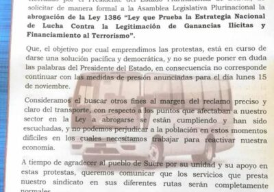 Sucre: Transporte suspende bloqueo anunciado para este lunes