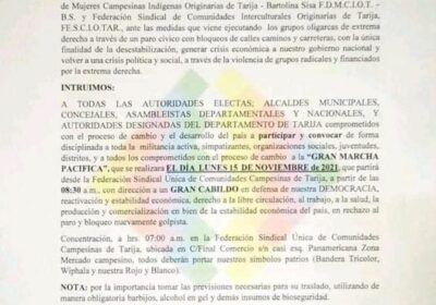 Tarija: Pacto de Unidad convoca a marcha pacífica para este lunes