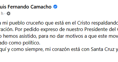 El Gobernador Luis Fernando Camacho explica el motivo de su ausencia en concentr