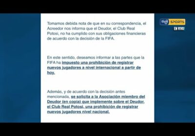 FIFA prohíbe a Real Potosí fichar jugadores por la deuda con Maximiliano Gómez de 14.800 USD.