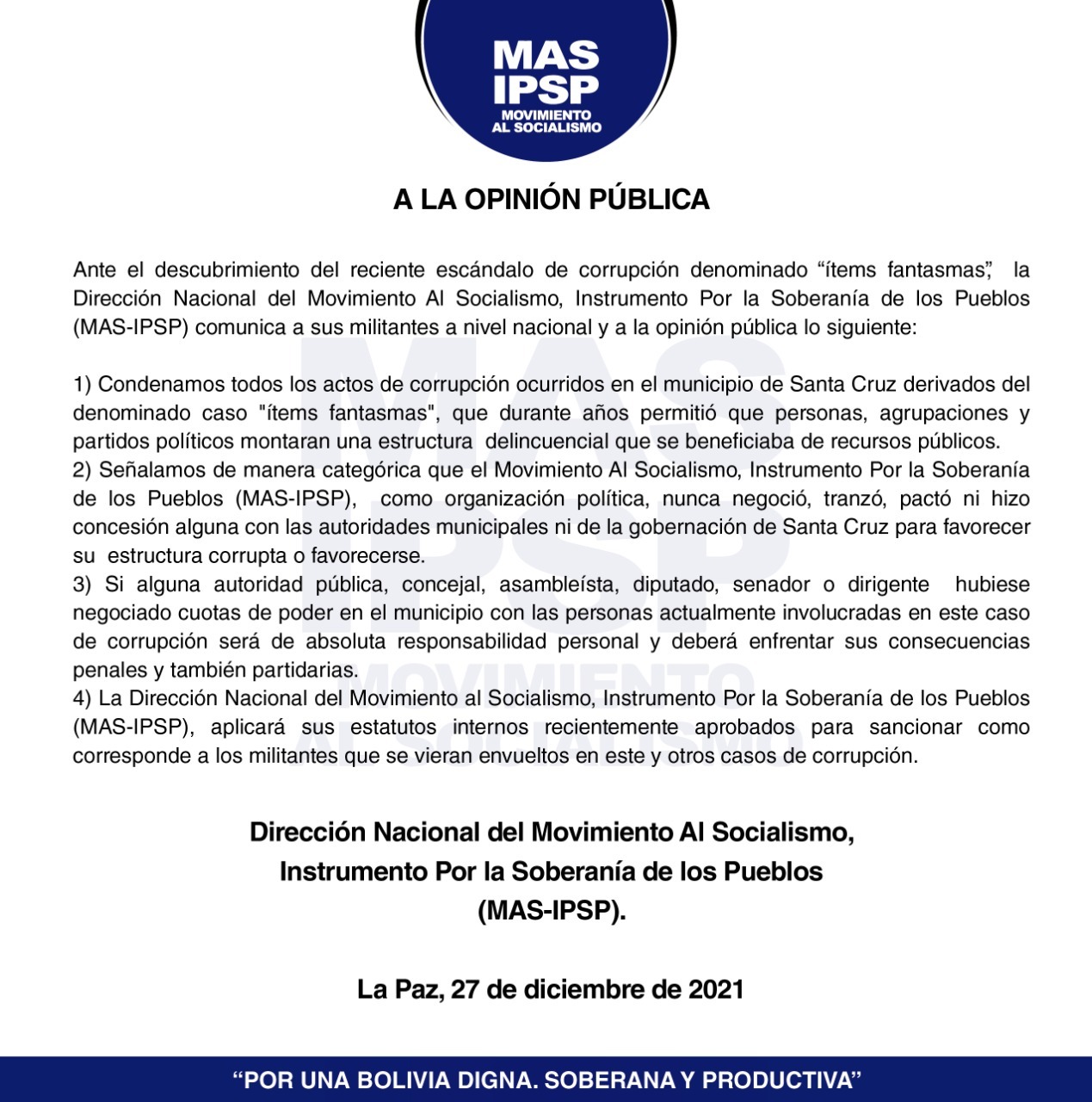 Dirección nacional del MAS condena corrupción con ítems fantasmas y advierte sanción a implicados