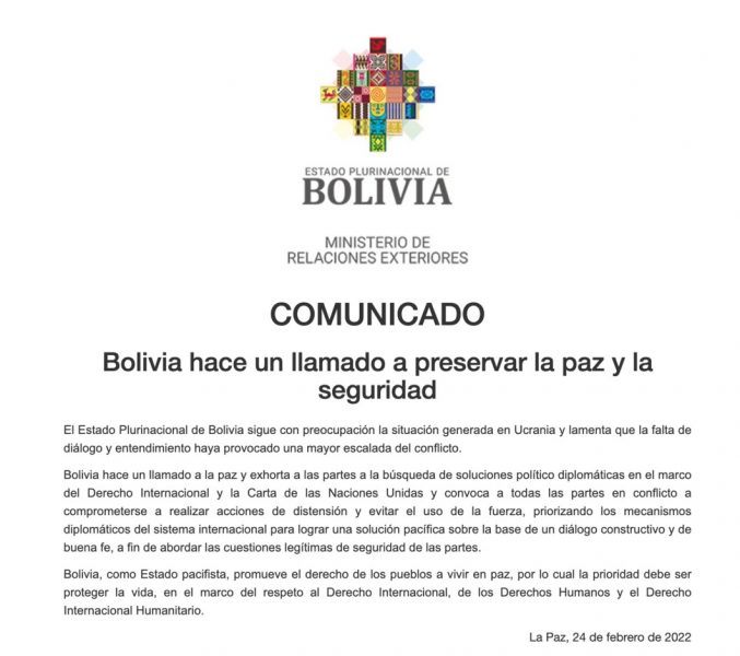 Bolivia llama a preservar la paz y buscar soluciones diplomáticas en el conflicto de Ucrania