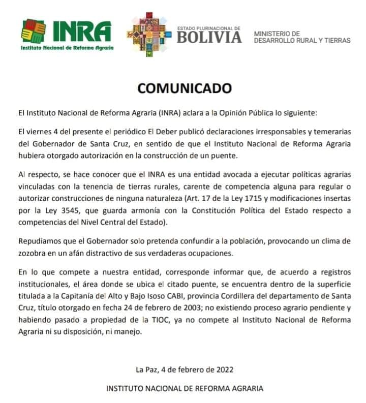 INRA desmiente a Camacho sobre construcción del puente en Santa Cruz