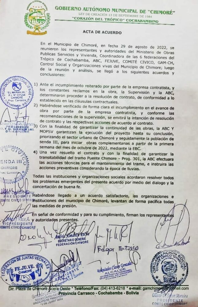 Suspenden bloqueos en Chimoré; Gobierno determina la resolución del contrato con Ciabol