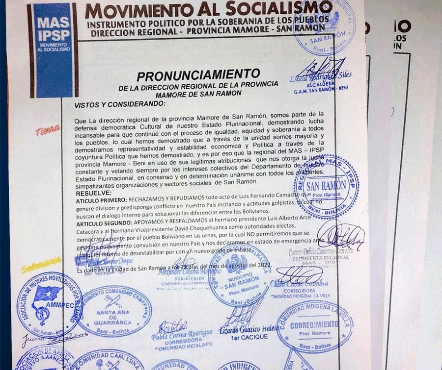 Presidente agradece respaldo a su gobierno de la regional provincia Mamoré - San Ramón del MAS