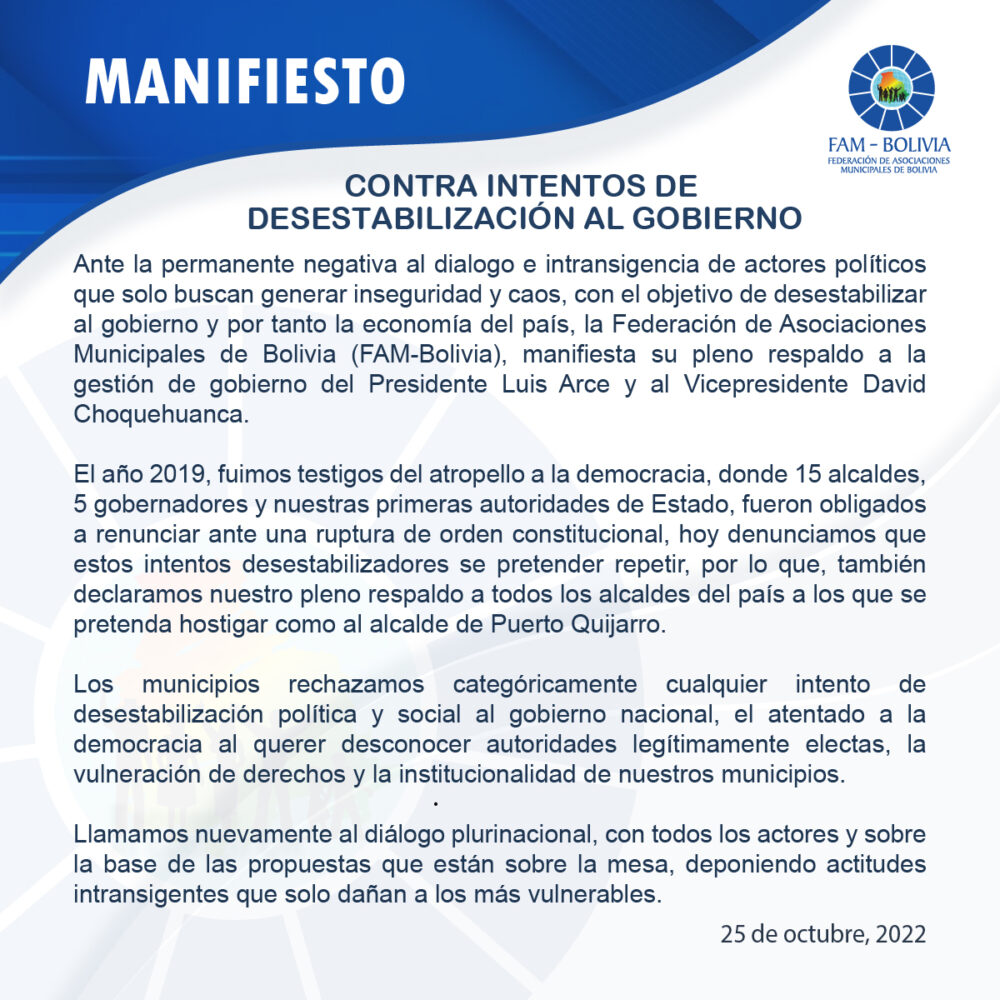 Arce destaca pronunciamiento de la FAM-Bolivia contra intentos de desestabilización