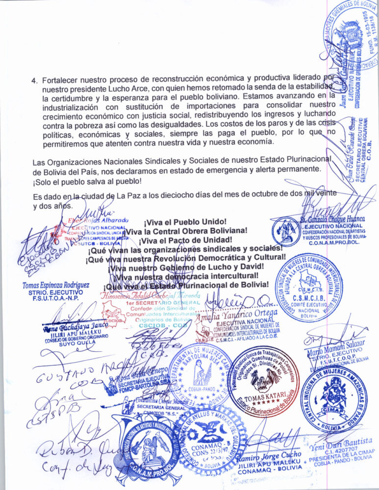 La COB y el Pacto de Unidad respaldan a Arce y llaman a la unidad para defender la democracia 