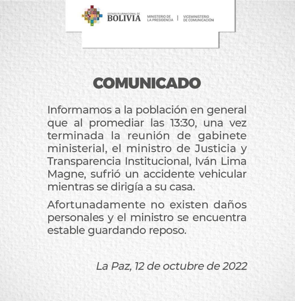 Ministro de Justica sufre accidente vehicular sin daños personales, guarda reposo