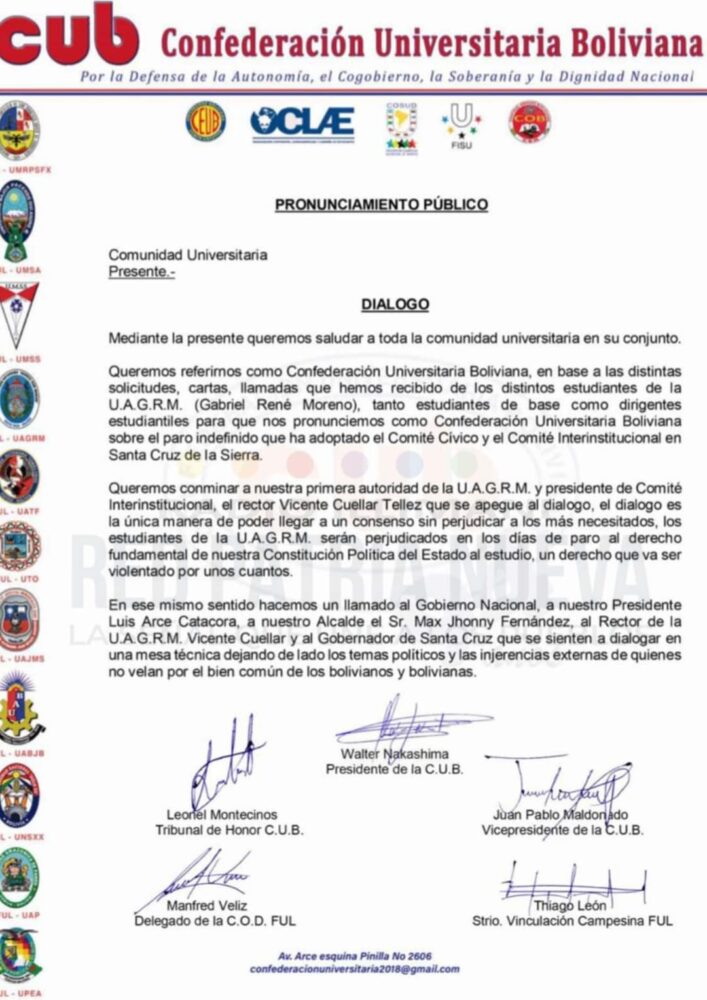 La CUB conmina al rector de la UAGRM a ir al diálogo y no afectar a estudiantes con paros