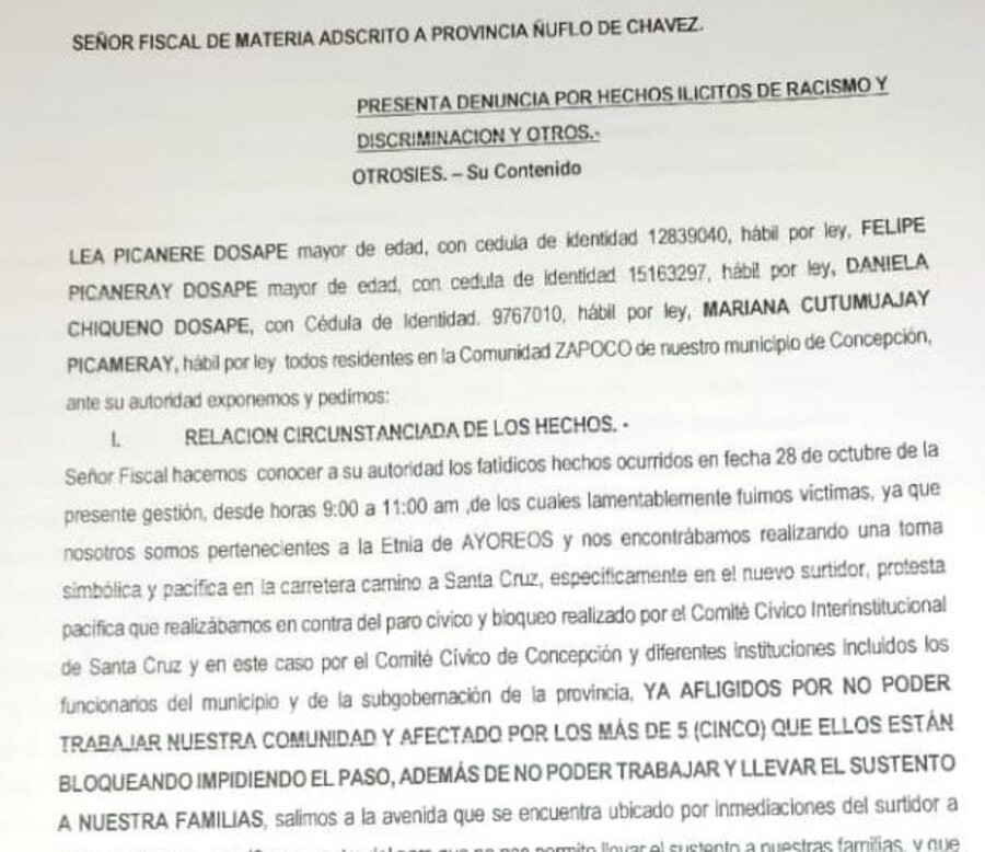 Activan denuncia penal contra el subgobernador y cívicos por racismo y discriminación contra ayoreos en Concepción