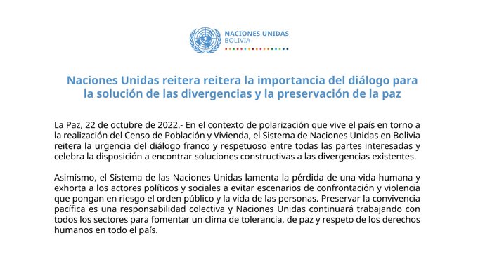 Comunicado oficial del Sistema de Naciones Unidas en Bolivia.