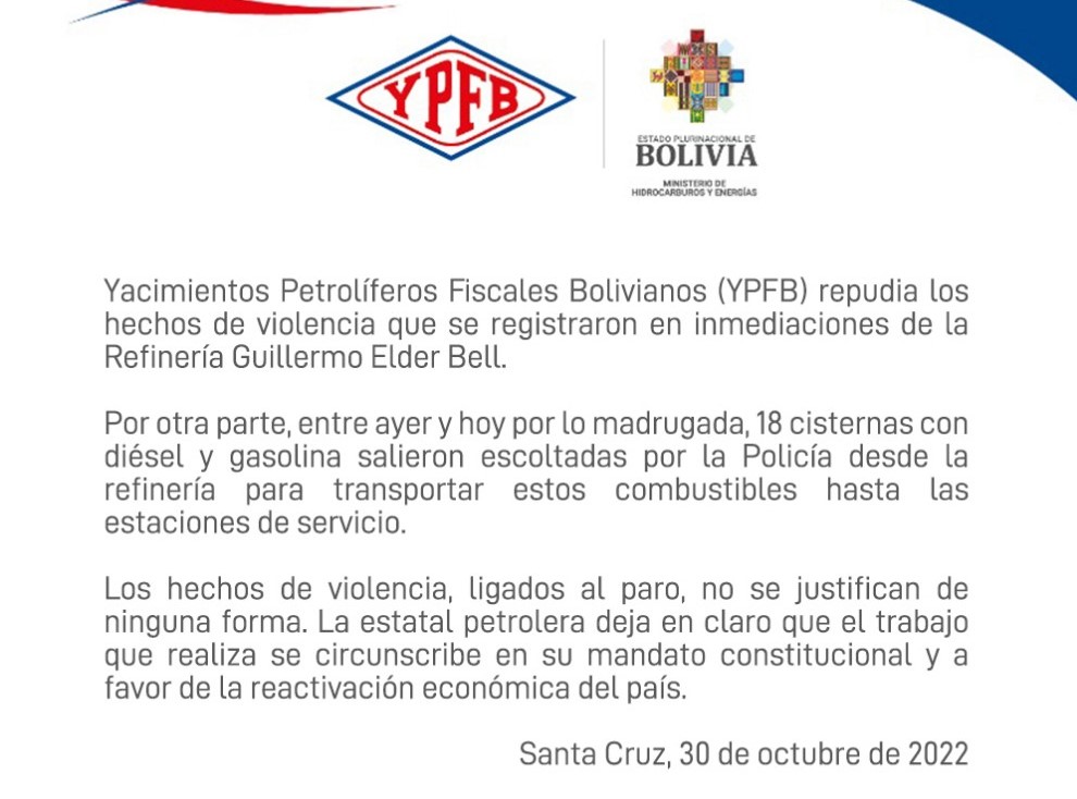 YPFB despacha 18 cisternas de combustible con custodia policial y condena violencia en predios de la refinería Palmasola