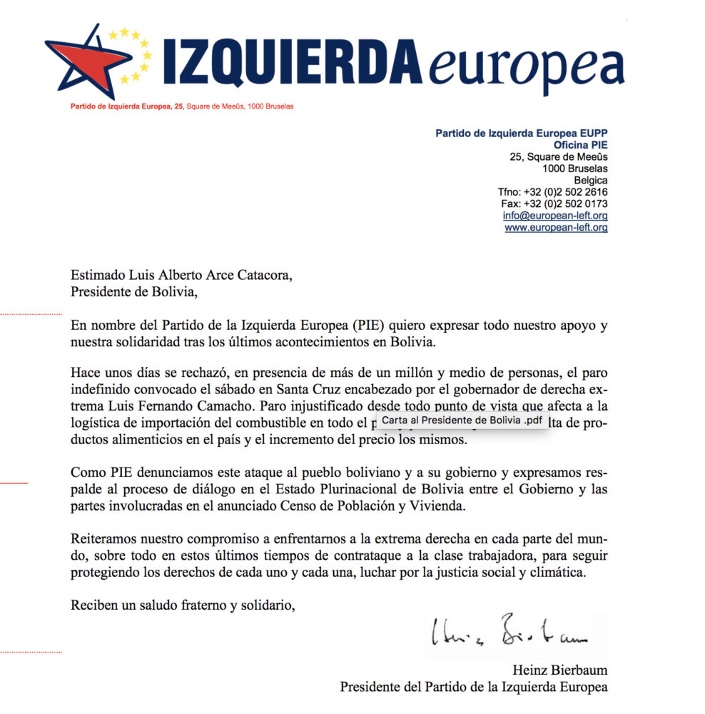 Censo: Partido de la Izquierda Europea expresa apoyo a Arce y respalda diálogo promovido por el Gobierno