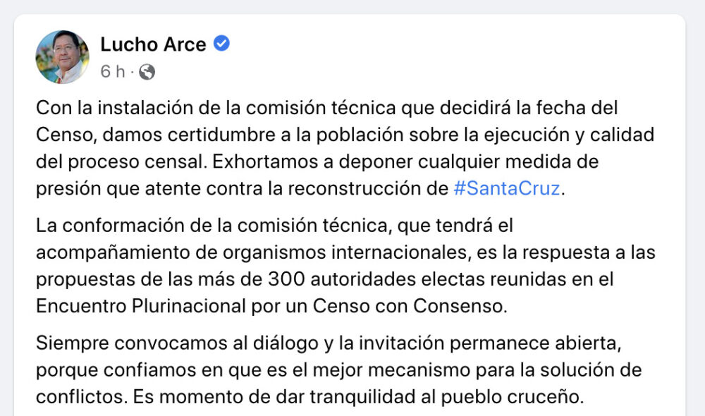 Arce afirma que comisión técnica da certidumbre a la población y reafirma apertura al diálogo