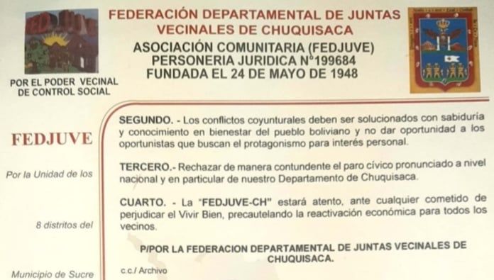 Juntas vecinales de Chuquisaca y bolivianos en Argentina respaldan al Gobierno de Arce y Choquehuanca y rechazan el paro