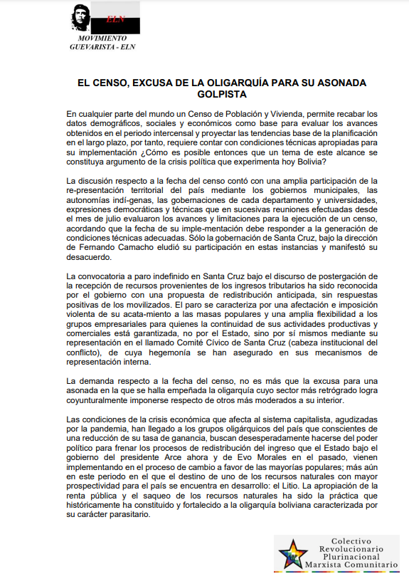 Movimiento Guevarista y Colectivo Marxista Comunitario denuncian que demanda del censo es una asonada para derrocar al Gobierno de Luis Arce