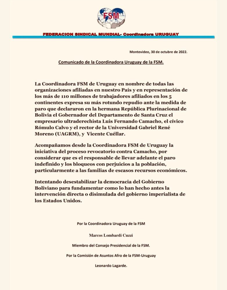 Organizaciones de Francia y Uruguay denuncian acciones de desestabilización en Bolivia