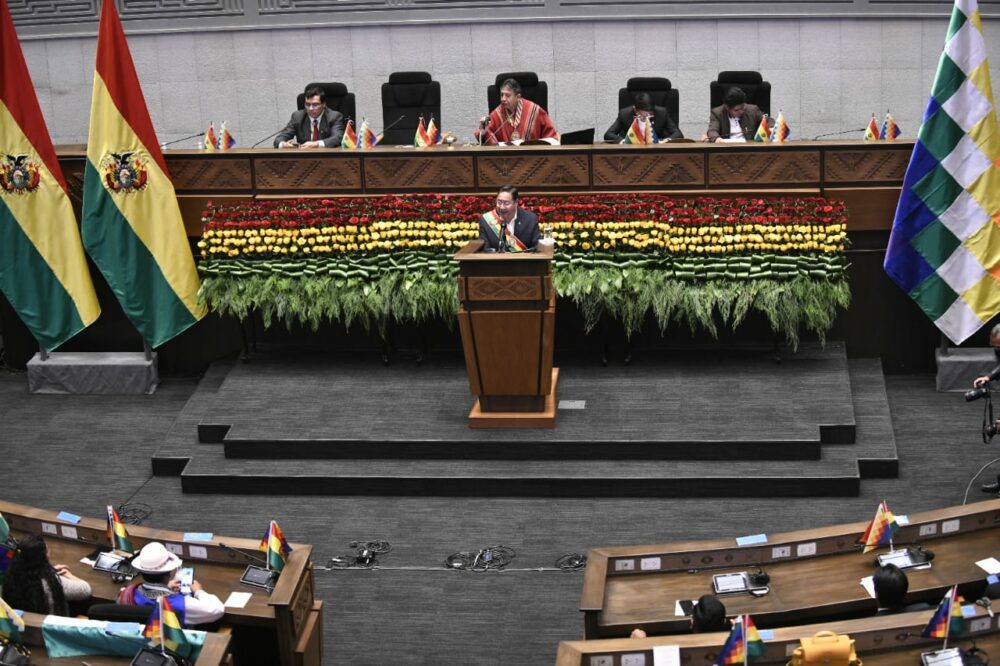 El presidente del Estado, Luis Arce, en su informe de gestión en la ALP. (Foto: ALP).