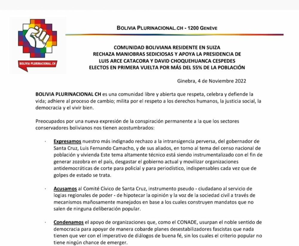 Comunidad boliviana en Suiza rechaza “las maniobras sediciosas” de Camacho y expresa su respaldo al Gobierno de Arce