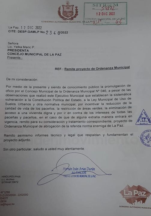 Alcalde Iván Arias Remite El Proyecto De Ordenanza Municipal De Abrogación De La Ordenanza 2801