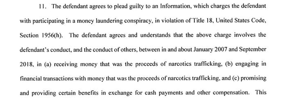 Extracto del acuerdo entre Baldizón y el Departamento de Justicia de Estados Unidos en el que se muestra que el guatemalteco confesó haber lavado dinero del narco.