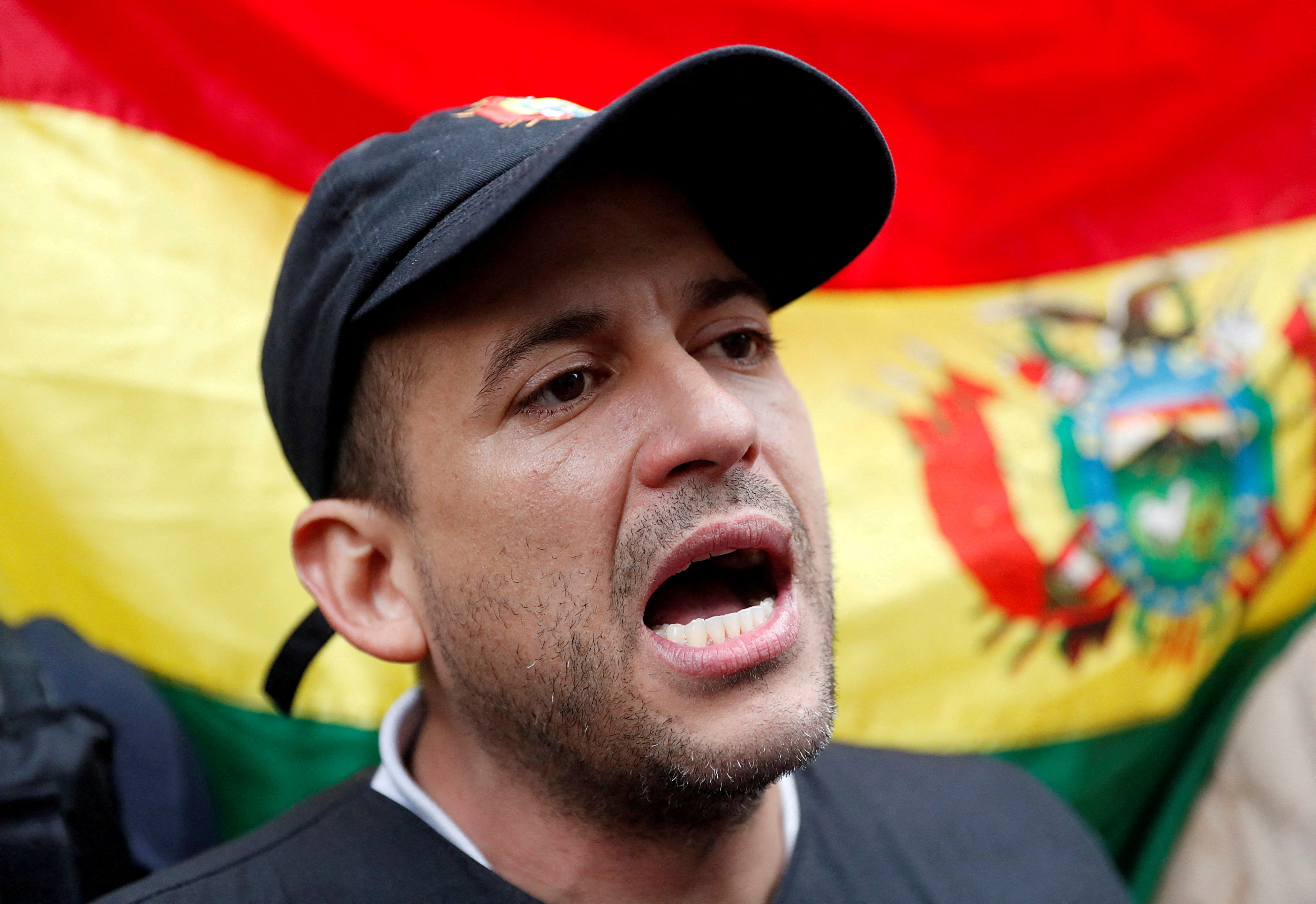 FILE PHOTO: Luis Fernando Camacho, a Santa Cruz civic leader and major opposition figure, speaks to the media in La Paz, Bolivia, November 10, 2019. REUTERS/Carlos Garcia Rawlins/File Photo