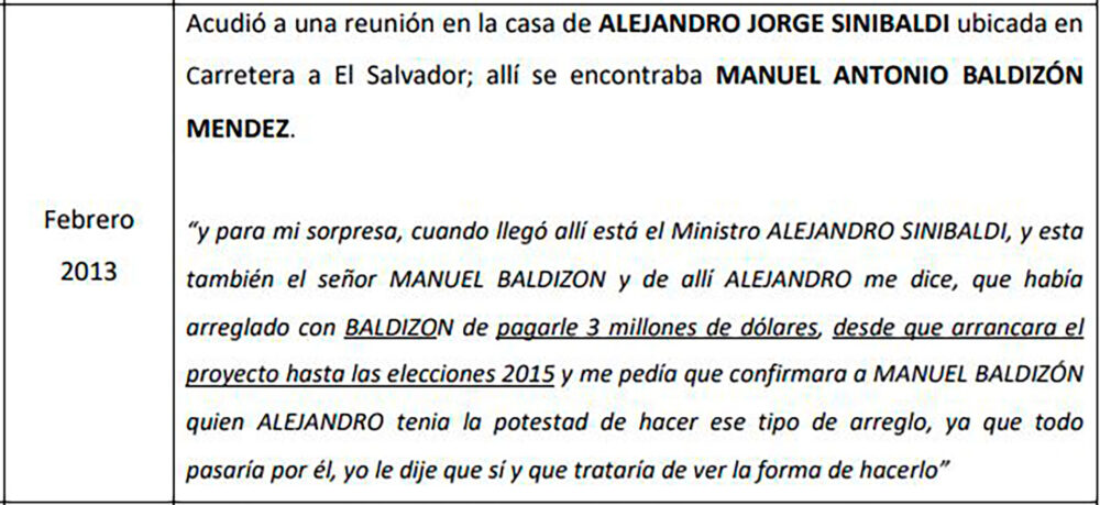 Extracto de un informe de investigación de CICIG que muestra testimonio que implican a Baldizón en sobornos de Odebrecht. 