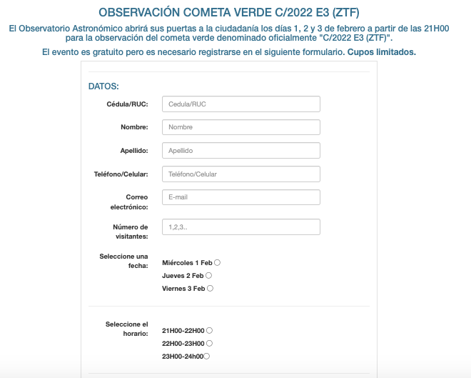 Formulario de inscripción para divisar el cometa verde en Quito.