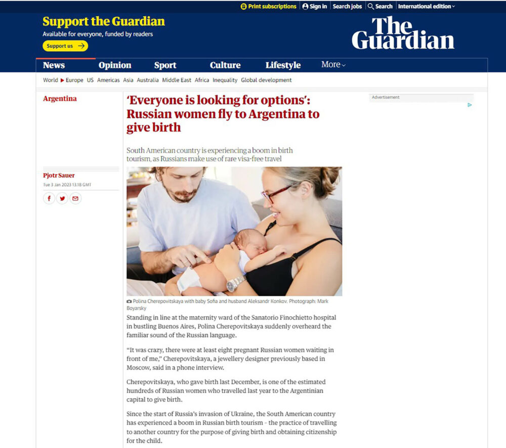 El pasado mes de enero, el diario británico The Guardian alertó sobre la llegada al país suramericano de decenas de mujeres que eligieron Argentina por su pasaporte, pues les permite realizar viajes de corta duración a 171 países sin visado. (THE GUARDIAN)